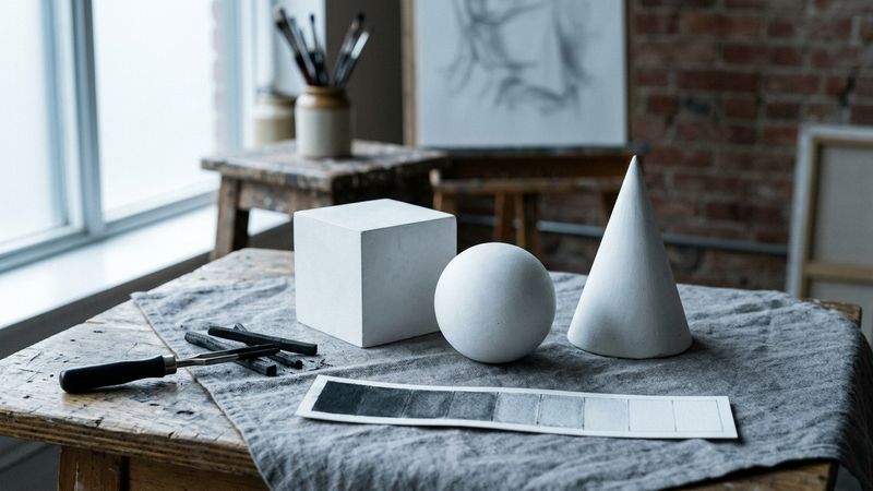 Studio still life of plaster geometric solids, charcoal and a blank value strip in north window light, suggesting art fundamentals without classroom lettering