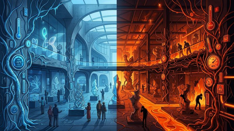 Abstract illustration of a museum interior with rising heat waves and temperature gauges, contrasting cool blue zones with warm orange areas