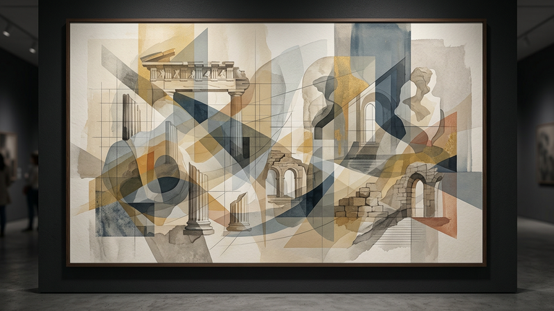 Abstract contemporary illustration depicting intersecting geometric pathways and fragmented classical motifs in muted earth tones