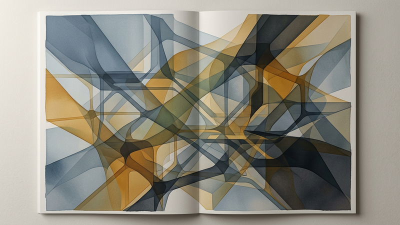 Abstract geometric composition suggesting interconnected nodes and organic curves in muted earth tones and steel greys