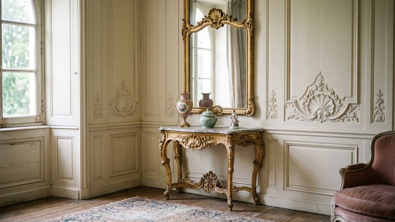 Sunlit eighteenth-century salon corner with pale carved panelling, a gilt console and pastel porcelain, no people