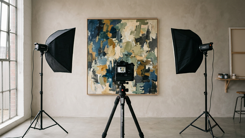 Studio copy setup with a painting on a neutral wall, two diffused lights at side angles and a camera on a tripod centred on the work