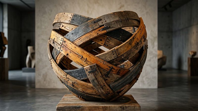 Abstract contemporary illustration of curved wooden planks forming a ship hull, surrounded by oak logs and traditional woodworking tools