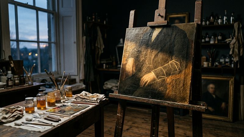 Raking light across an aged oil canvas on a wooden easel, a ghosted second contour around a painted hand, conservation-studio quiet, no readable inscriptions