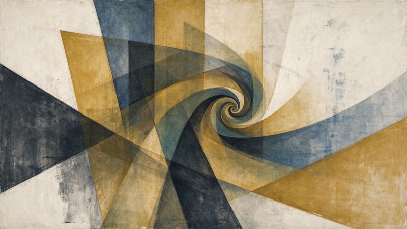 Abstract geometric composition featuring intersecting triangles and circles in muted earth tones and graphite lines