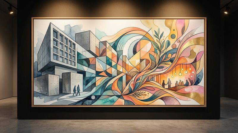 Abstract composition suggesting institutional architecture transformed through collective creative intervention, featuring geometric forms and flowing lines