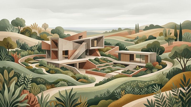 Abstract contemporary illustration of geometric pavilions nestled among lush tropical foliage and winding pathways