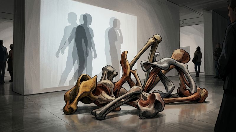 Abstract sculptural forms in ceramic and wax alongside projected video imagery in a gallery setting