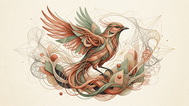Abstract contemporary composition featuring woven textures resembling nests and intricate geometric webs in muted earth tones