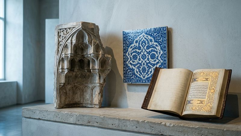 Still life of muqarnas stucco fragment, ceramic tile and manuscript edge in north window light, suggesting Islamic art without readable text
