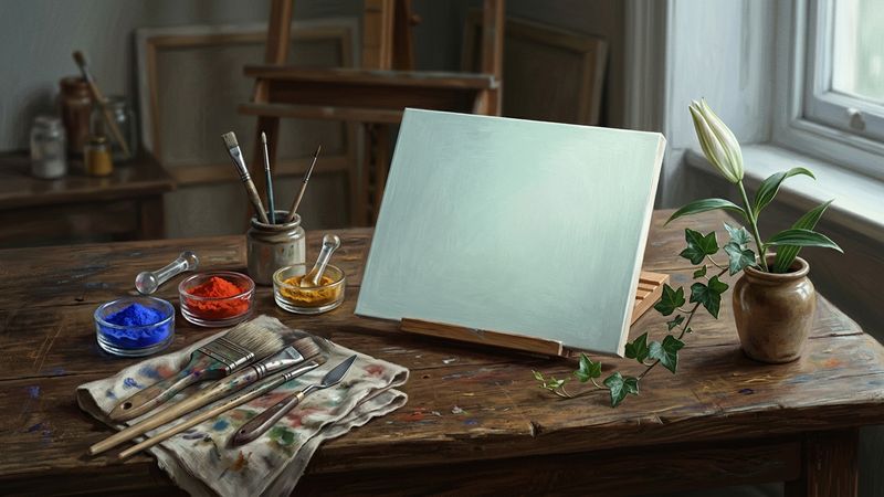 Sunlit Victorian studio table with wet white primed panel, hog-bristle brushes, cobalt and vermilion pigments, and a sprig of fresh ivy, suggesting Pre-Raphaelite practice.