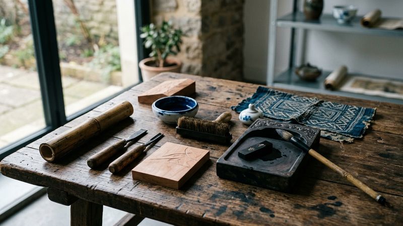 Studio still life of print tools, ink stone and textile fragment in north window light, suggesting world art traditions without readable labels