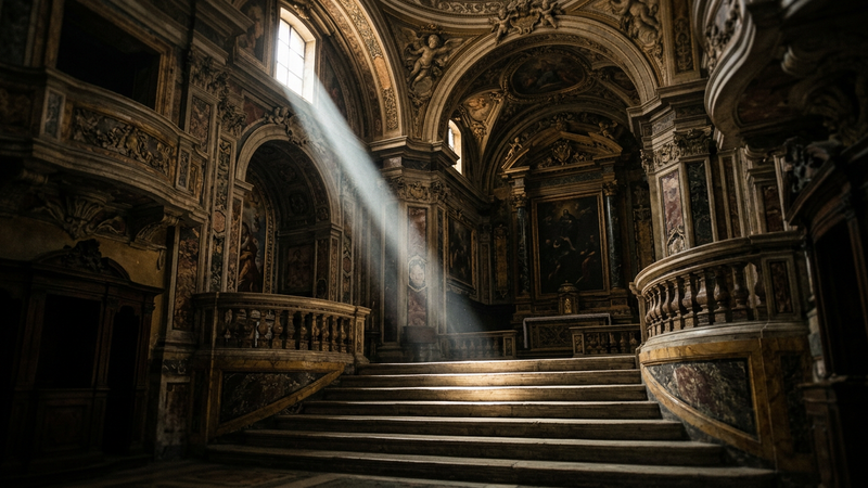 Candlelit Baroque chapel interior with curved stone architecture, a shaft of daylight from a hidden window, and gilded ornament without readable inscriptions