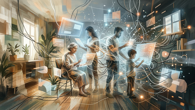 Abstract editorial illustration of overlapping domestic and digital spaces, with fragmented figures and flowing data streams in muted tones