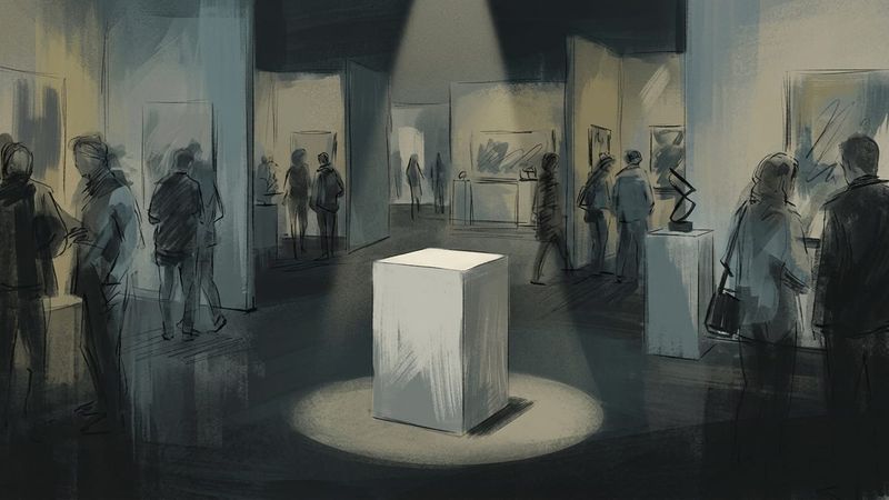 Abstract editorial illustration of an empty gallery plinth at an art fair, symbolising the absence of a prize
