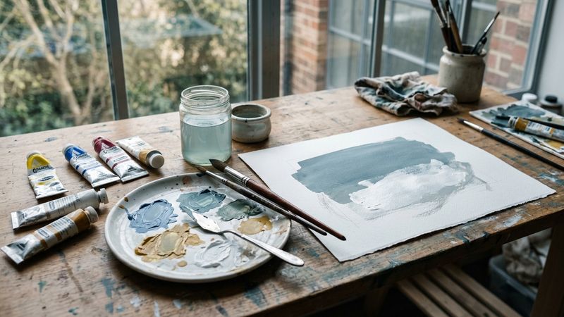 Studio still life of gouache tubes, a ceramic palette with opaque colour swatches on white paper, squirrel-hair brushes and a jar of water, cool north-window light
