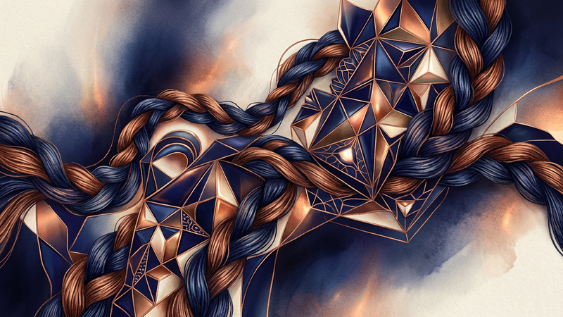 Abstract composition featuring interwoven silk cords and metallic enamel textures against a muted background