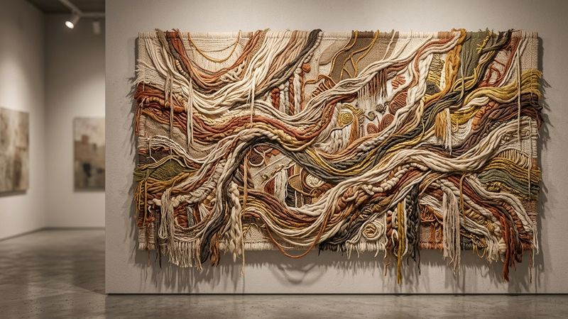 Abstract contemporary illustration of flowing textile threads forming historical narrative patterns against muted gallery backdrop
