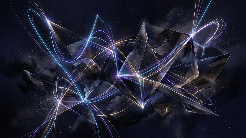 Abstract visualisation of light refracting through geometric wire loops against a dark void, evoking quantum probability fields