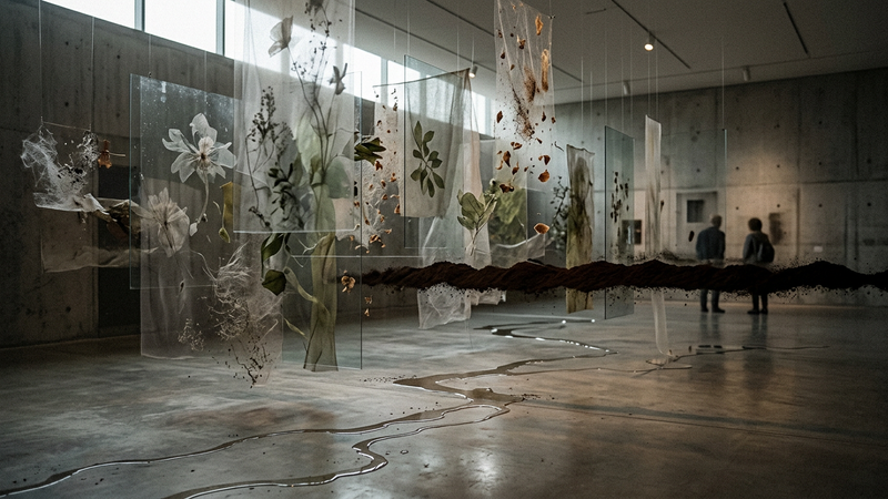 A garden-like installation with coffee ground friezes, floating plants and water basins in a gallery space