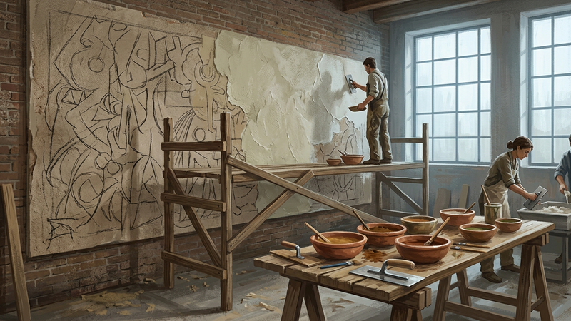 Renaissance-style workshop interior with wet lime plaster on a wall section, bowls of earth pigments and water, trowel and charcoal cartoon lines, north light, no readable text