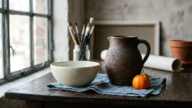 Two still-life objects on a dark oak table, one a pale glazed ceramic bowl, the other a rough unglazed clay vessel, under a single north-facing window, 16:9 editorial view.