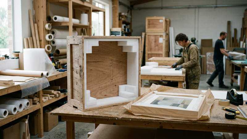 Open plywood art shipping crate lined with carved closed-cell foam beside a travel-framed painting in a packing workshop