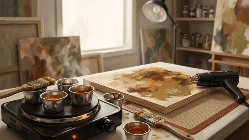 Studio still life with molten beeswax in metal cups on a heated palette, bristle brushes, rigid wood panel, and heat gun on a workbench, warm sidelight, no text