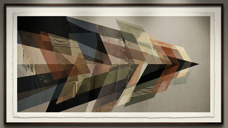 Abstract contemporary artwork featuring layered textiles and monochromatic forms suggesting motion and memory