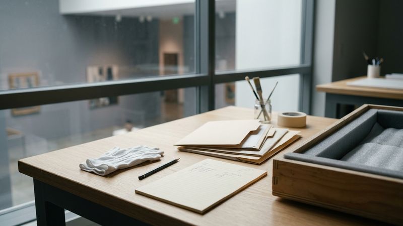 Museum worktable with cotton gloves, archival folders and a crate corner in cool north light, suggesting careers behind the galleries