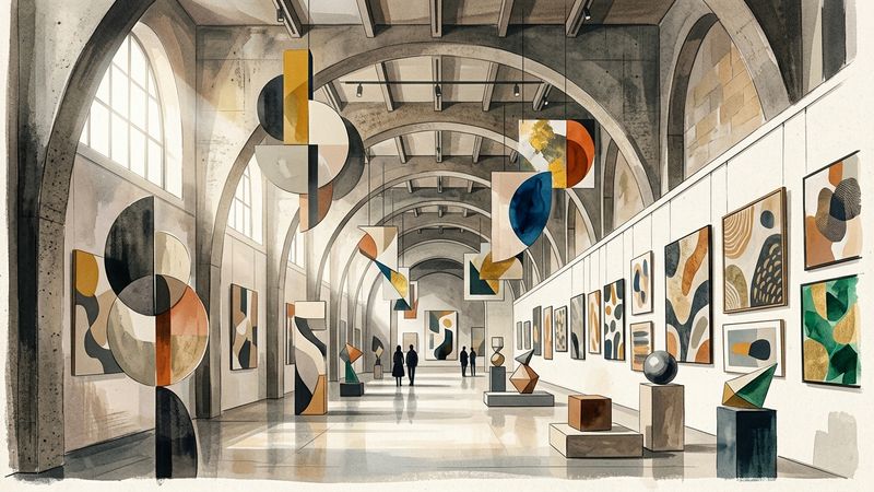 Abstract illustration of a museum interior with flowing lines and geometric shapes representing art and architecture.