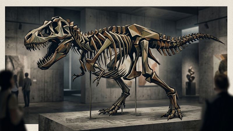 Abstract illustration of a Tyrannosaurus rex skeleton in a threatening pose, rendered in geometric shapes and earth tones.