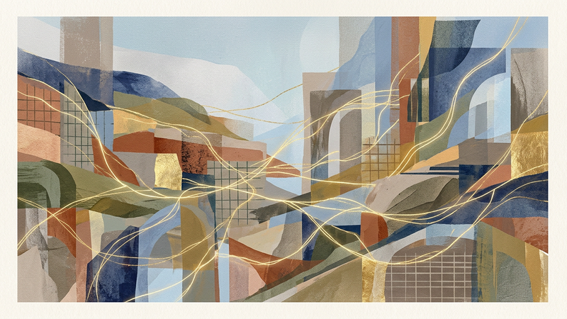 Abstract composition reflecting themes of peace and transformation, inspired by Mel Chin's socially engaged art practice.