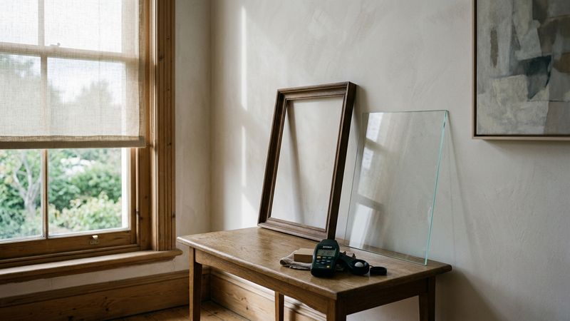 Soft daylight falling across an empty picture frame and UV-filtering glazing sample beside a closed window blind