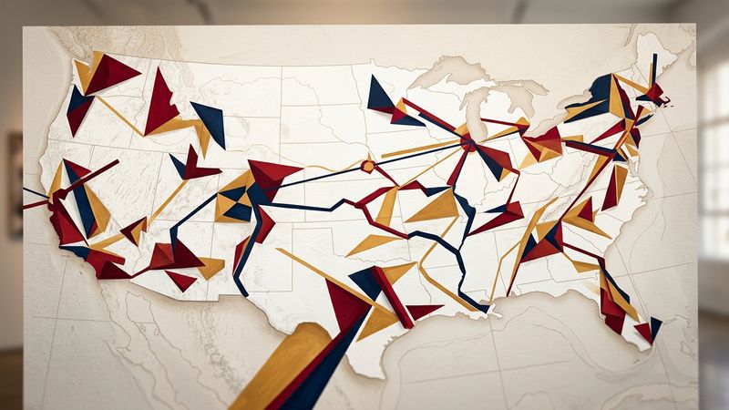 Abstract composition featuring geometric forms in red, blue and gold tones representing artistic exchange across American states