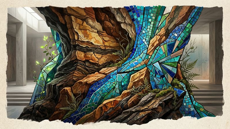 Contemporary art installation view showing sculptural forms emerging from cave-like environment with mosaic elements and organic growth