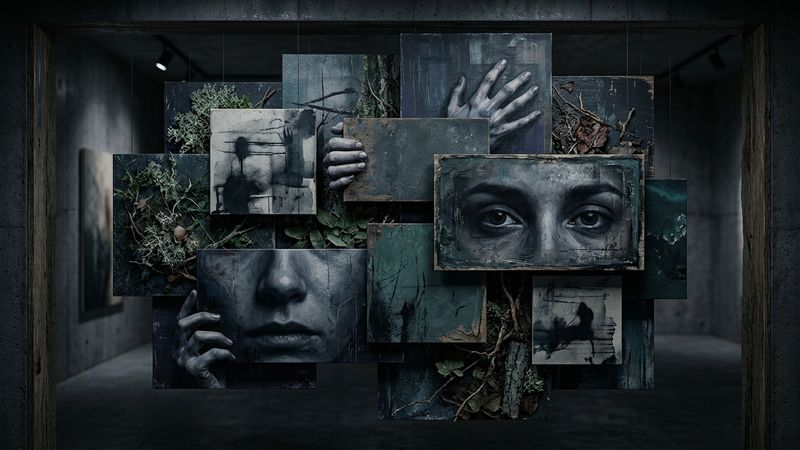 Abstract composition featuring fragmented portrait elements floating within geometric forms against a muted background