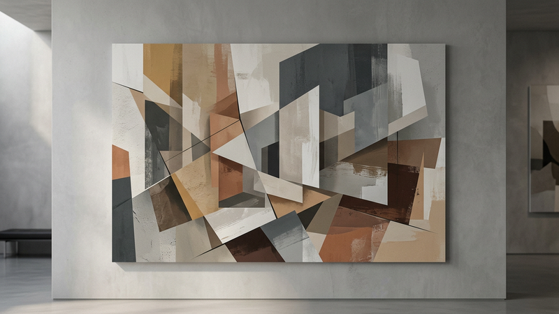 Abstract composition featuring layered geometric shapes in muted ochre, slate blue, and charcoal, evoking fragmented canvas textures and legal tension.