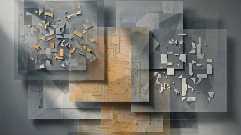 Abstract geometric composition suggesting layered museum labels and digital interfaces in muted tones