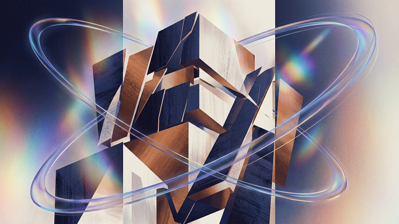 Abstract contemporary composition blending celestial motifs with architectural steel frameworks and soft chromatic gradients