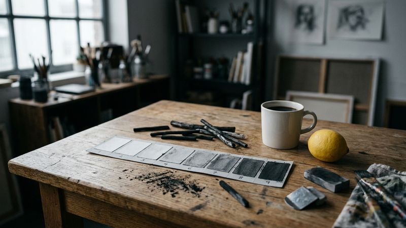 Editorial still life of a nine-step grey value scale beside charcoal, a white ceramic cup and a lemon on oak, soft north window light, no text.