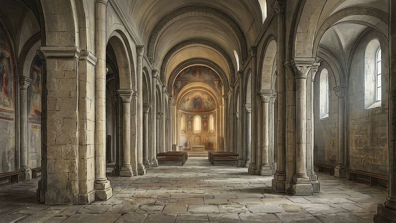 Dim Romanesque church interior with round arches, thick stone piers and a barrel vault lit by a narrow clerestory window