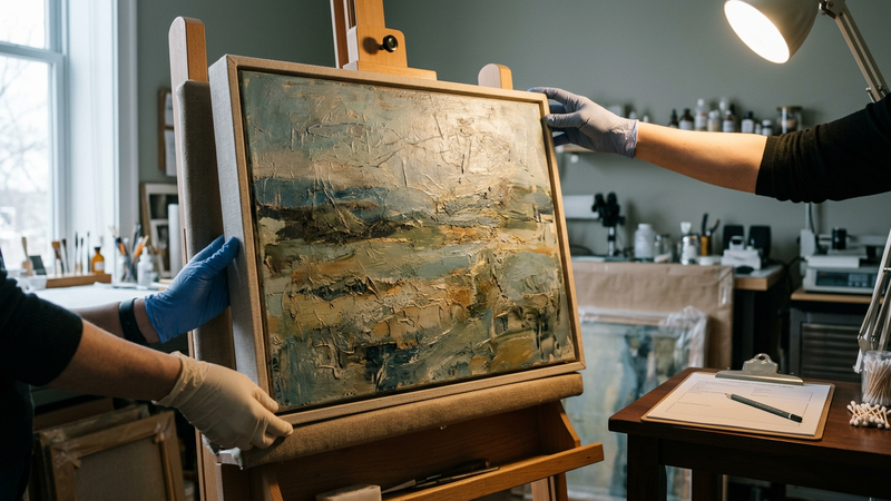 Conservator’s hands examining a framed painting under a movable lamp in a quiet studio, clipboard and soft pencil nearby