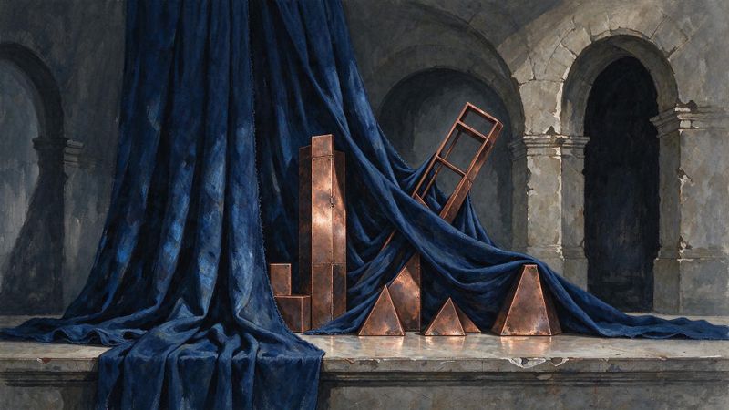 Abstract contemporary artwork featuring flowing indigo fabric suspended above woven floor textiles in a dimly lit architectural space