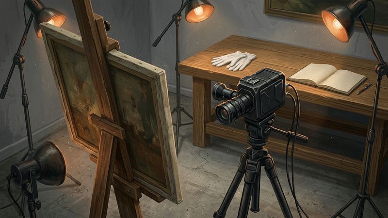 Conservation studio with a large easel-mounted panel under even tungsten light, a scientific infrared camera on a rail in the foreground, cool north window, no readable inscriptions