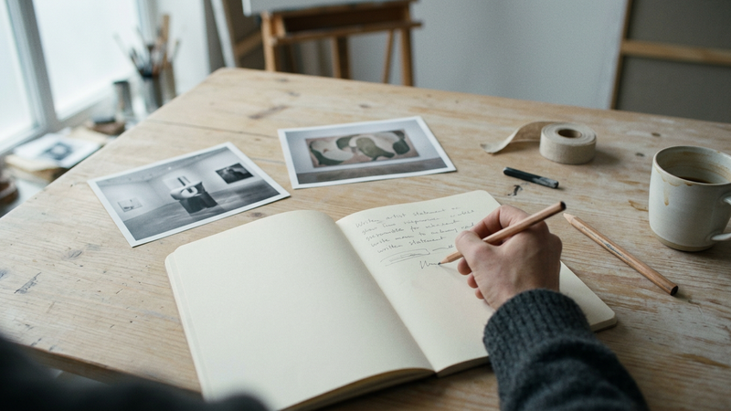 Open notebook with illegible pencil notes beside printed photographs of anonymous artworks on a pale studio table in cool daylight