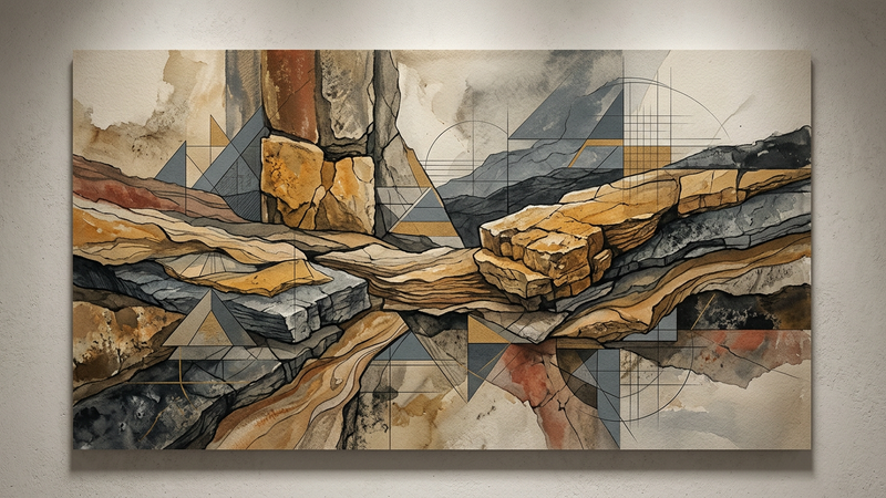 Abstract contemporary composition featuring layered volcanic textures, geometric stone fragments, and muted earth tones evoking architectural mural conservation