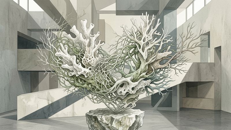Abstract contemporary composition featuring layered organic textures, bleached coral forms, and subtle botanical motifs against a muted earth palette
