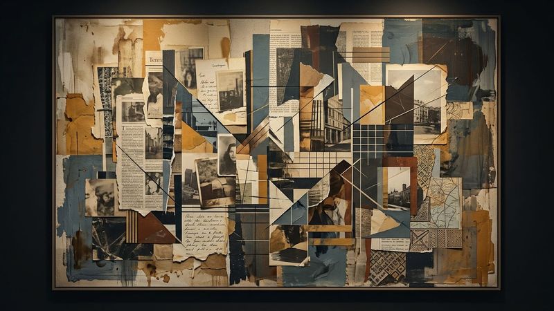 Abstract contemporary artwork depicting layered historical documents and architectural fragments in muted earth tones