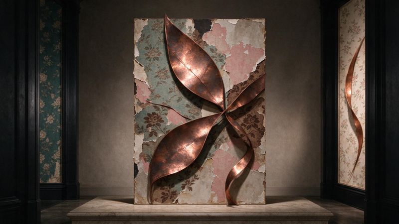 Abstract contemporary composition featuring layered textile patterns, muted earth tones, and geometric shapes evoking Victorian craft and modern design